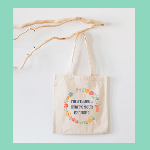 “I’m a Taurus, what’s your excuse” pastel cottage core tote bag