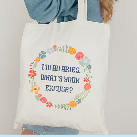 “I’m an Aries, what’s your excuse” pastel cottage core tote bag