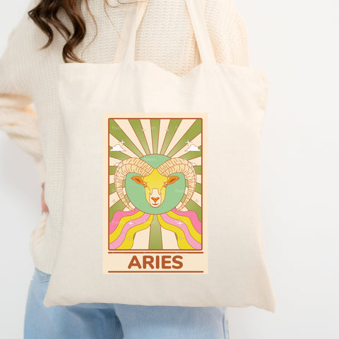 Aries groovy tarot card tote bag