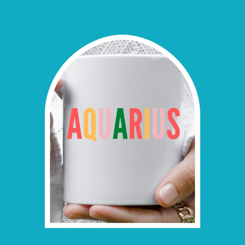 Aquarius 11 ounce multi-color text mug