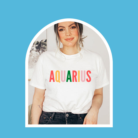 Aquarius multi-color text shirt