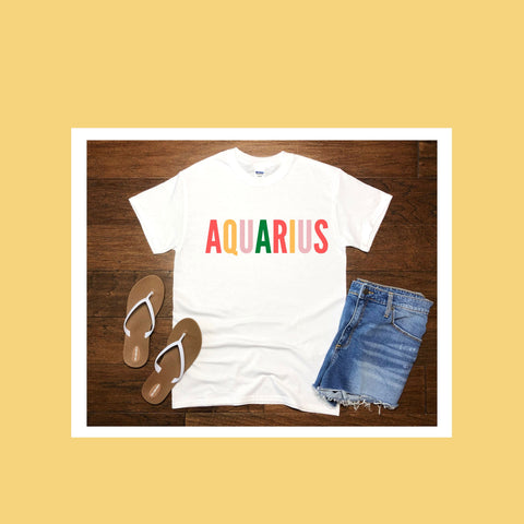 Aquarius multi-color text shirt