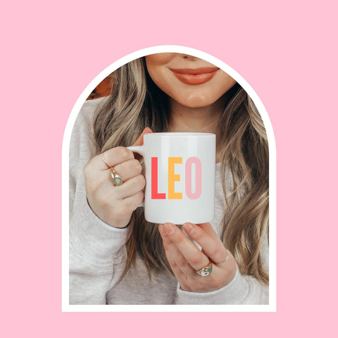 Leo 11 ounce multi-color text mug