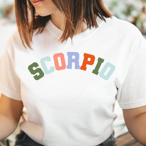 Scorpio pastel text varsity shirt