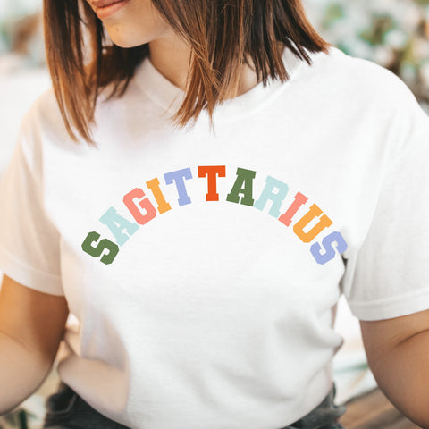 Sagittarius pastel text varsity shirt
