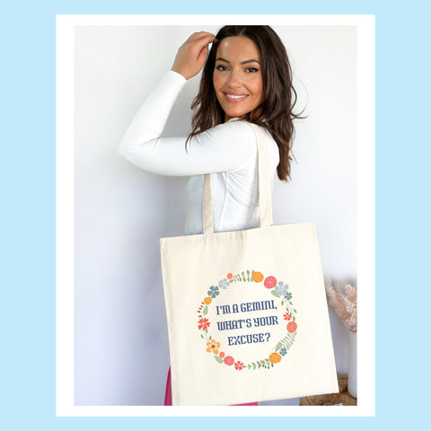 “I’m a Gemini, what’s your excuse” pastel cottage core tote bag