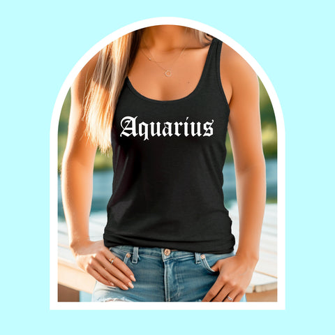 Aquarius black gothic old English razor back tank
