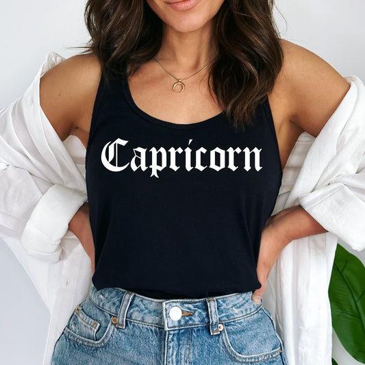 Capricorn tank top black gothic old English font razor back tank zodiac star sign astrology tee t-shirt birthday gift for women