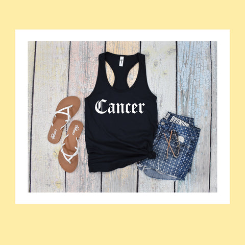 Cancer black gothic old English razor back tank