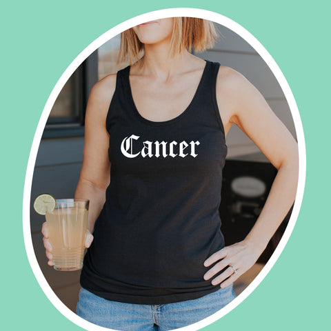 Cancer black gothic old English razor back tank