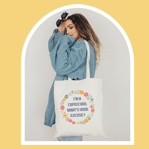 “I’m a Capricorn, what’s your excuse” pastel cottage core tote bag