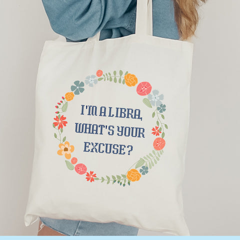 “I’m a Libra, what’s your excuse” pastel cottage core tote bag