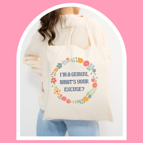 “I’m a Gemini, what’s your excuse” pastel cottage core tote bag