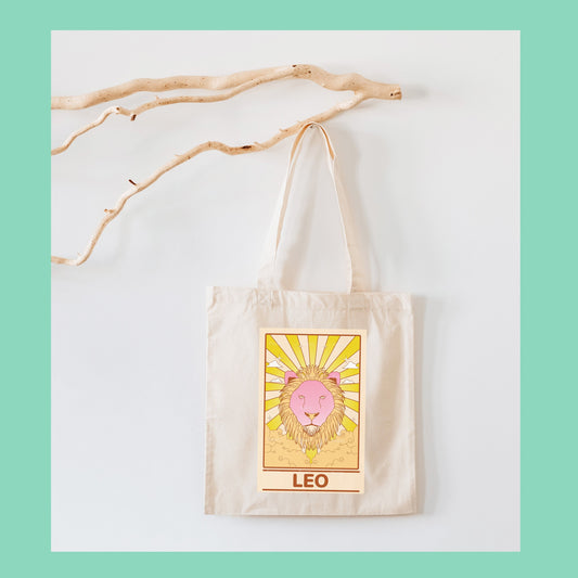 Leo tarot card tote 70s groovy psychedelic cotton canvas tote bag astrology star sign birthday shopping